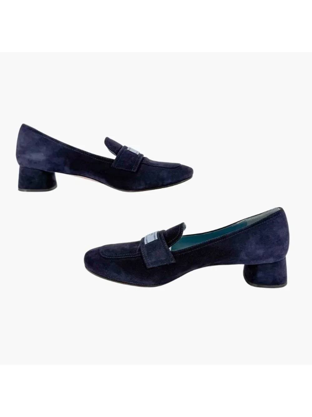 Prada Logo Loafer Pumps Heels Navy Suede Size 37.5 US 7.5 Women’s Blue